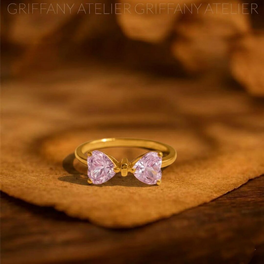 Pink Bow Ring, 14K Gold Ribbon Ring, Coquette Jewelry, Heart Shaped ...