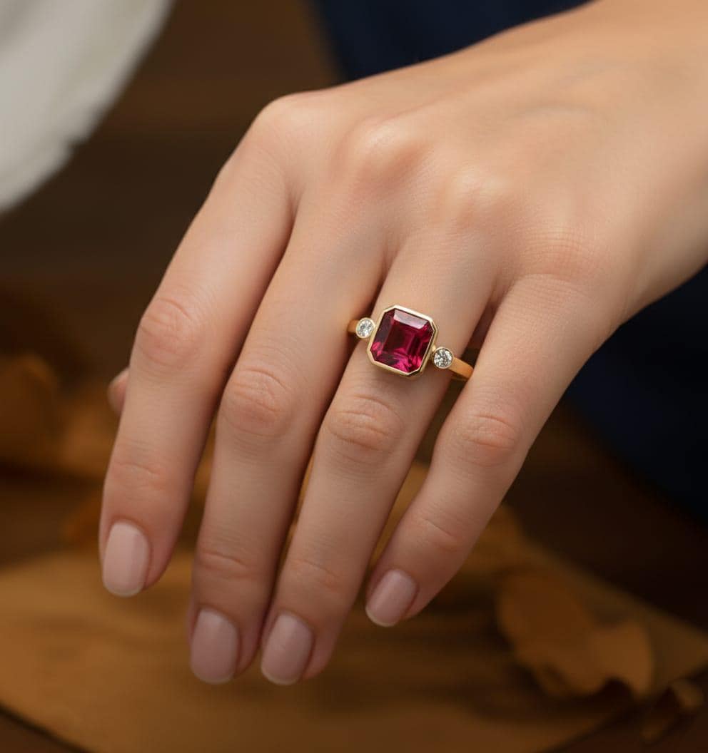 Emerald Cut Ruby Ring in 14K Gold Bezel Set, Three Stone Art Deco ...