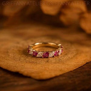 14K Gold Marquise Ruby & Diamond Eternity Band, Alternating Gemstone Wedding Ring, Dainty Stackable Anniversary Band for Her