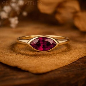 Marquise Ruby Bezel Ring in 14K Gold, East West Ruby Engagement Ring, Minimalist Ruby Stacking Ring, Boho Gemstone Jewelry Gift