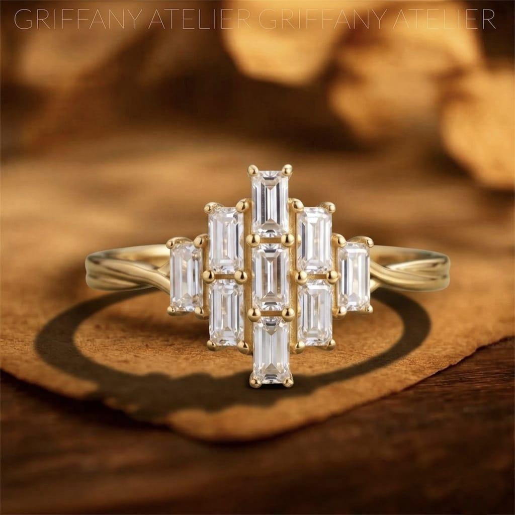 Art Deco Baguette Cluster Ring 14K Solid Gold Geometric Diamond Ring Vintage Moissanite Engagement Ring Unique Statement Ring Gift for Her