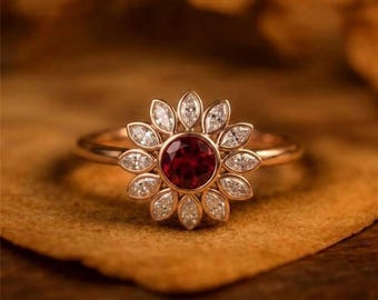 Vintage Garnet Flower Ring, Marquise Diamond Halo Sunflower Engagement Ring, Art Deco Rose Gold Bridal Jewelry, Unique Heirloom Gift for Her