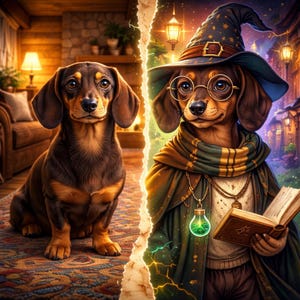May include: A split image featuring a dachshund dog. On the left, the dog sits in a cozy room. On the right, the dog is dressed as a wizard, wearing a hat, glasses, and a scarf, holding a book and a glowing potion.