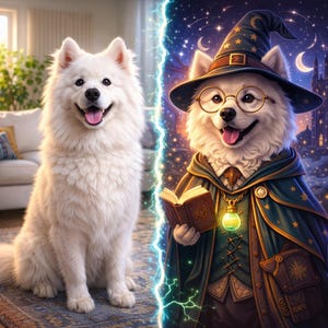 May include: A split image features a fluffy white dog on the left and a wizard dog on the right. The wizard dog wears a hat, glasses, and a robe, holding a book. The background on the right shows a night sky with a castle.