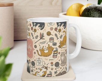 Crazy Cat Lady Coffee Mug, 11oz Glossy Ceramic Cup, Feline Pattern Gift