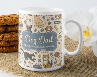 Dog Dad Mug, Multi-Breed Pattern, Professional Treat Dispenser Cup, Ceramic Mug