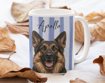 Custom German Shepherd Portrait Mug, Personalized Dog Name Coffee Cup (11oz 15oz)