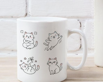 Cat Doodle Ceramic Mug, Minimalist Kitty Coffee Cup, Cat Lover Drinkware (11oz 15oz)