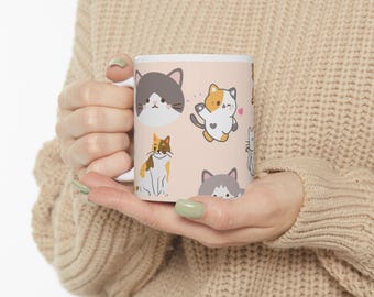 Minimalist Cat Illustration Mug, Kawaii Kitten Ceramic Coffee Cup, Office Desk Decor