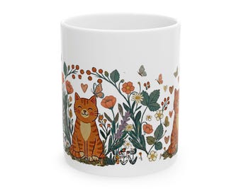 Orange Tabby Cat Ceramic Mug – Botanical Wildflower Floral Coffee Cup (11oz 15oz)