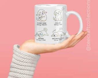 Golden Retriever Puppy Moods Coffee Mug, Funny Dog Mom Dad Gift, Cartoon Line Art