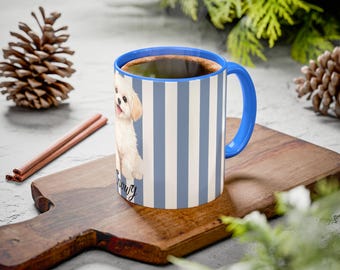 Personalized White Puppy Mug | Blue Stripe Dog Lover Coffee Cup