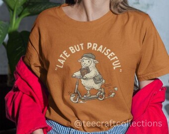 Late But Praiseful – Sheep Scooter T-Shirt, Christian Humor Graphic Tee, Oversized Cotton Shirt