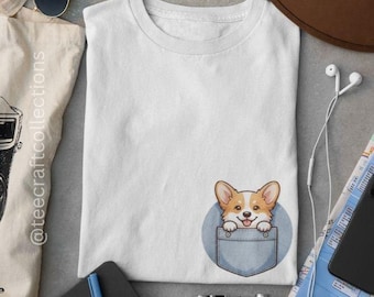 Corgi In Pocket T-Shirt | Minimalist Hand-Drawn Dog Apparel