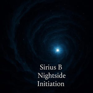 Könnte beinhalten: Digitales Kunstwerk, das einen hellen, weißen Stern im Zentrum eines wirbelnden, dunkelblauen Nebels zeigt. Der Text "Sirius B Nightside Initiation" wird unten im Bild in Weiß angezeigt.
