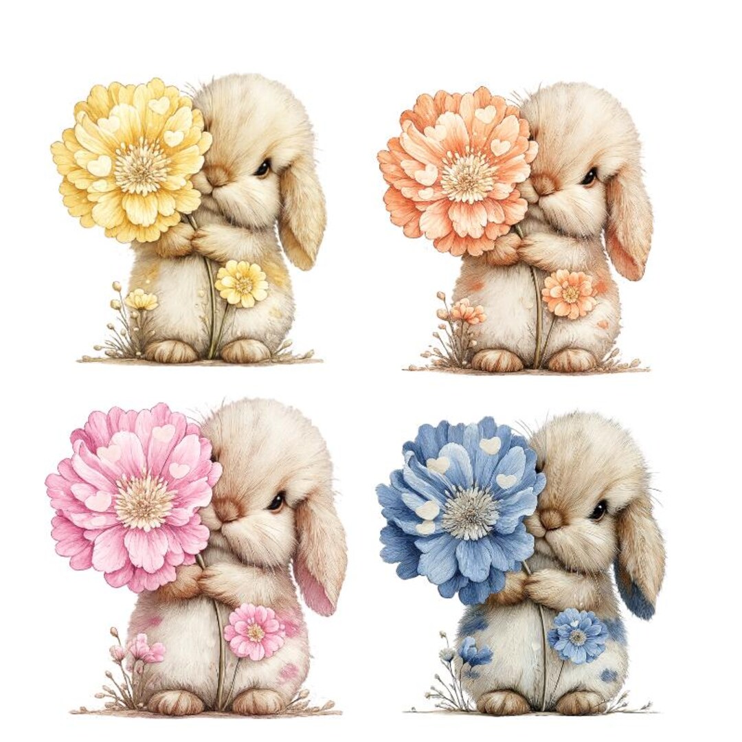 Watercolor Bunny PNG Bundle, 4 Color Flower Bunny Clipart (pink Yellow ...