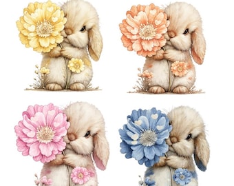 Watercolor Bunny PNG Bundle, 4 Color Flower Bunny Clipart (Pink Yellow Peach Blue), Cute Spring Easter Rabbit PNG, Sublimation Design