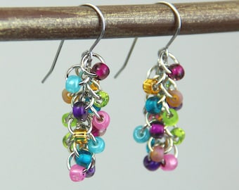 Days Be Bright - Colorful Fairy Tale Rainbow Pastel Cluster Earrings - Pink Turquoise Lime Green Purple Teal Small Dangle