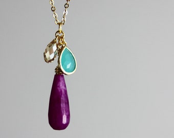 Anna Pendant - Gold Aqua Fuchsia Purple Natural Stone Teardrop Swarovski Crystal Cluster Pendant Gold Necklace Aqua Turquoise Champagne