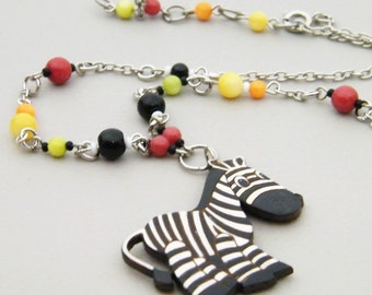 SALE - Yipes Stripes - Colorful Handpainted Gourd Cute Fun Black White Stripe Zebra Pendant Necklace - Inspired by Gum of Yesteryear