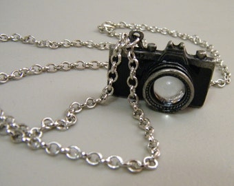 Photographer Pendant Necklace - Black Silver Camera Pendant on Long silver Chain - Photo Picture Black Resin Metal Camera Unisex