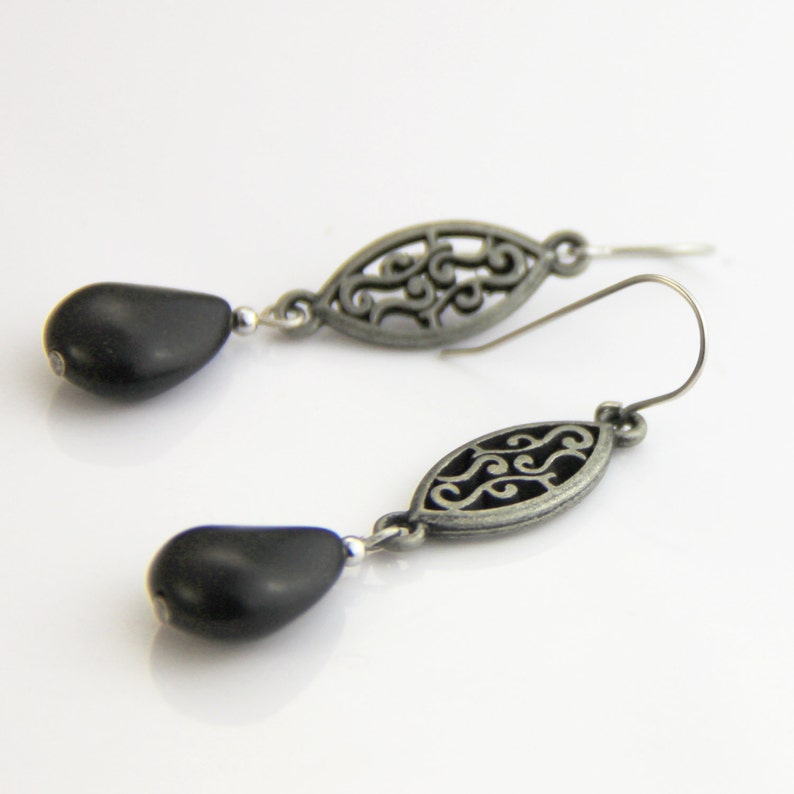 Death Eater Trail of Darkness Matte Gray Filigree Death Eater Earrings Black Antique Silver Intricate Detail Long Earrings image 2