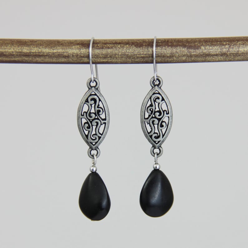 Death Eater Trail of Darkness Matte Gray Filigree Death Eater Earrings Black Antique Silver Intricate Detail Long Earrings image 1