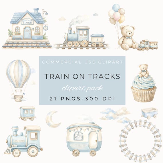 Blue watercolor Train on Tracks Clipart, Digital Download for Nursery Decor, Baby Shower Art, Kids Clipart PNG by ClipartCuriosity
