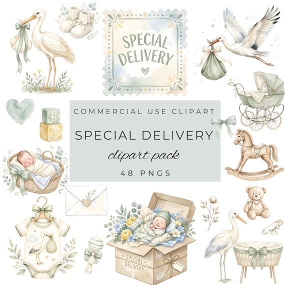 Special Delivery Baby Clipart, Watercolor Stork Design, Baby Shower Stork Art, Gender Neutral Nursery Decor, Baby Announcement Clipart by ClipartCuriosity