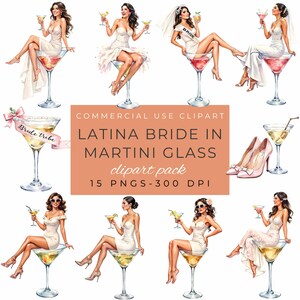 Könnte beinhalten: Digitales Clipart-Paket mit Illustrationen von Frauen in weißen Kleidern, die in Martinigläsern sitzen und Cocktails halten. Der Text lautet "LATINA BRIDE IN MARTINI GLASS clipart pack". Enthält 15 PNGs bei 300 DPI.