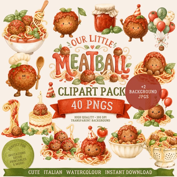 Watercolor Meatball Clipart Pack, 40 Cute Meatball PNG, Spaghetti and Meatballs, Our Little Meatball, Italian First Birthday, Pasta Party by ClipartCuriosity