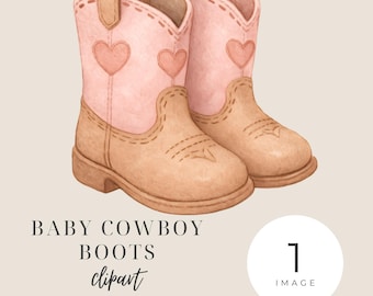 May include: Watercolor illustration of a pair of baby cowboy boots. The boots are light pink and tan, with heart-shaped accents and decorative stitching. The text "BABY COWBOY BOOTS clipart" is below the boots.