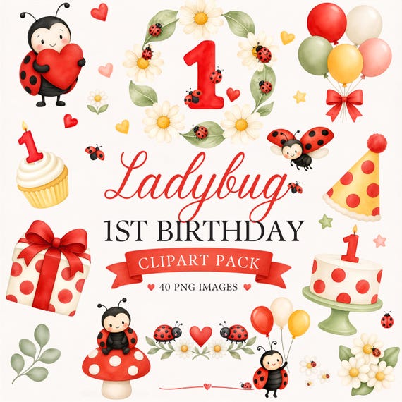 Ladybug First Birthday Clipart, Love Bug PNG Bundle, 1st Birthday Party Graphics, Watercolor Ladybug Clipart, Invitation Graphics, 40 PNG by ClipartCuriosity