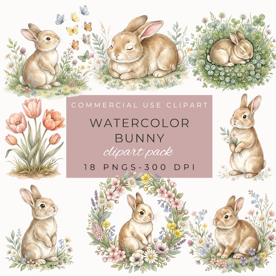 Watercolor Bunny Clipart, Cute Easter Rabbits PNG, Spring Nursery Art, Digital Download for Kids, Adorable Bunny Illustrations by ClipartCuriosity