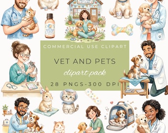 Vet Clipart, Watercolor Veterinary Art, Pet Care PNG, Animal Medical Tools, Digital Download for Kids
