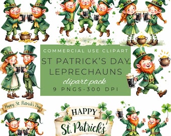 St Patricks Day Leprechaun Clipart, Fun Irish Clipart Bundle for Digital Download, Shamrock and Clover Art