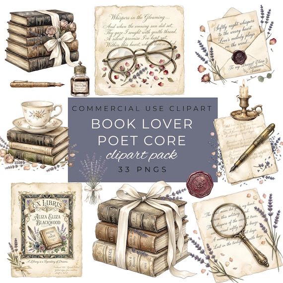 Book Lover Poetcore Clipart PNG Bundle, Junk Journal Clipart, Vintage Bookish PNG, Watercolor Ink Ephemera, Commercial Use by ClipartCuriosity