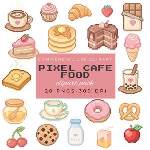 Op de afbeelding: Pixel art illustraties van voedsel, waaronder een cupcake, croissant, pannenkoeken, cake, ijs, toast, koekje, donut, pretzel en meer. De afbeelding bevat de tekst "PIXEL CAFE FOOD clipart pack".