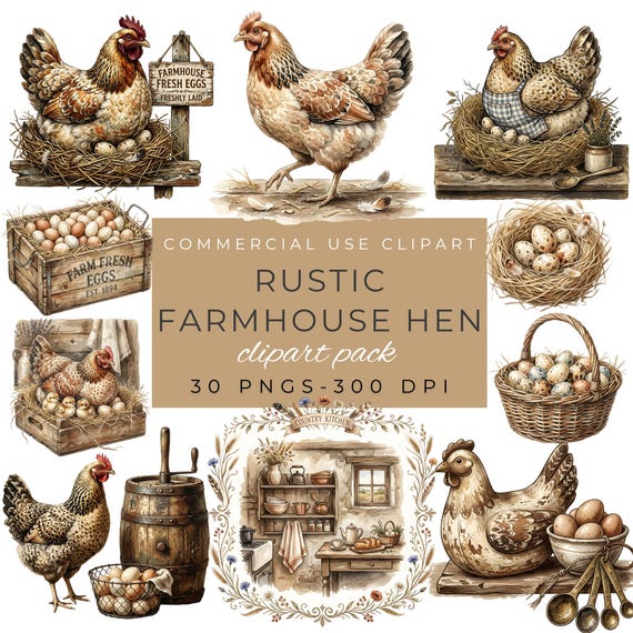 Rustic Farmhouse Hen Clipart Pack, Nesting Hen PNG, Country Kitchen Toolkit, Vintage Chicken, Junk Journal & Sublimation by ClipartCuriosity
