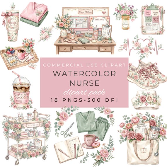 Watercolor Nurse Clipart Bundle, Nurse Life PNG, Nurse Appreciation Clipart, Feminine Medical Graphics, Spring Nurse PNG by ClipartCuriosity
