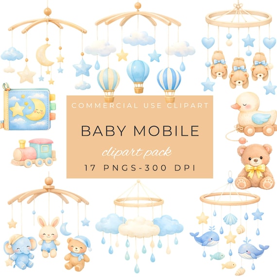 Baby Mobile Clipart - Watercolor Baby Toys PNG For Nursery And Baby Shower by ClipartCuriosity