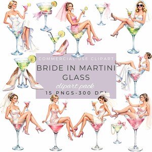 May include: A watercolour clipart pack with the text "Bride in Martini Glass". The illustrations depict women in martini glasses, wearing wedding dresses and lingerie. The martini glasses contain pink and green cocktails, and the images include accessories such as veils and high heels.