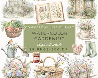 Watercolor Gardening Clipart, Cottagecore Garden Tools & Flowers PNG for Scrapbooking, Digital Download Art
