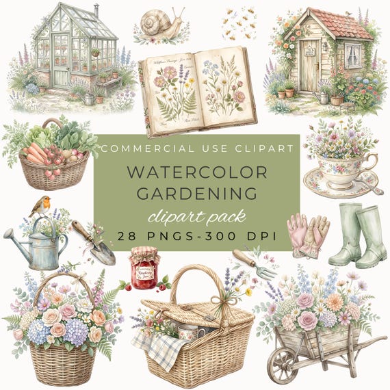 Watercolor Gardening Clipart, Cottagecore Garden Tools & Flowers PNG for Scrapbooking, Digital Download Art by ClipartCuriosity