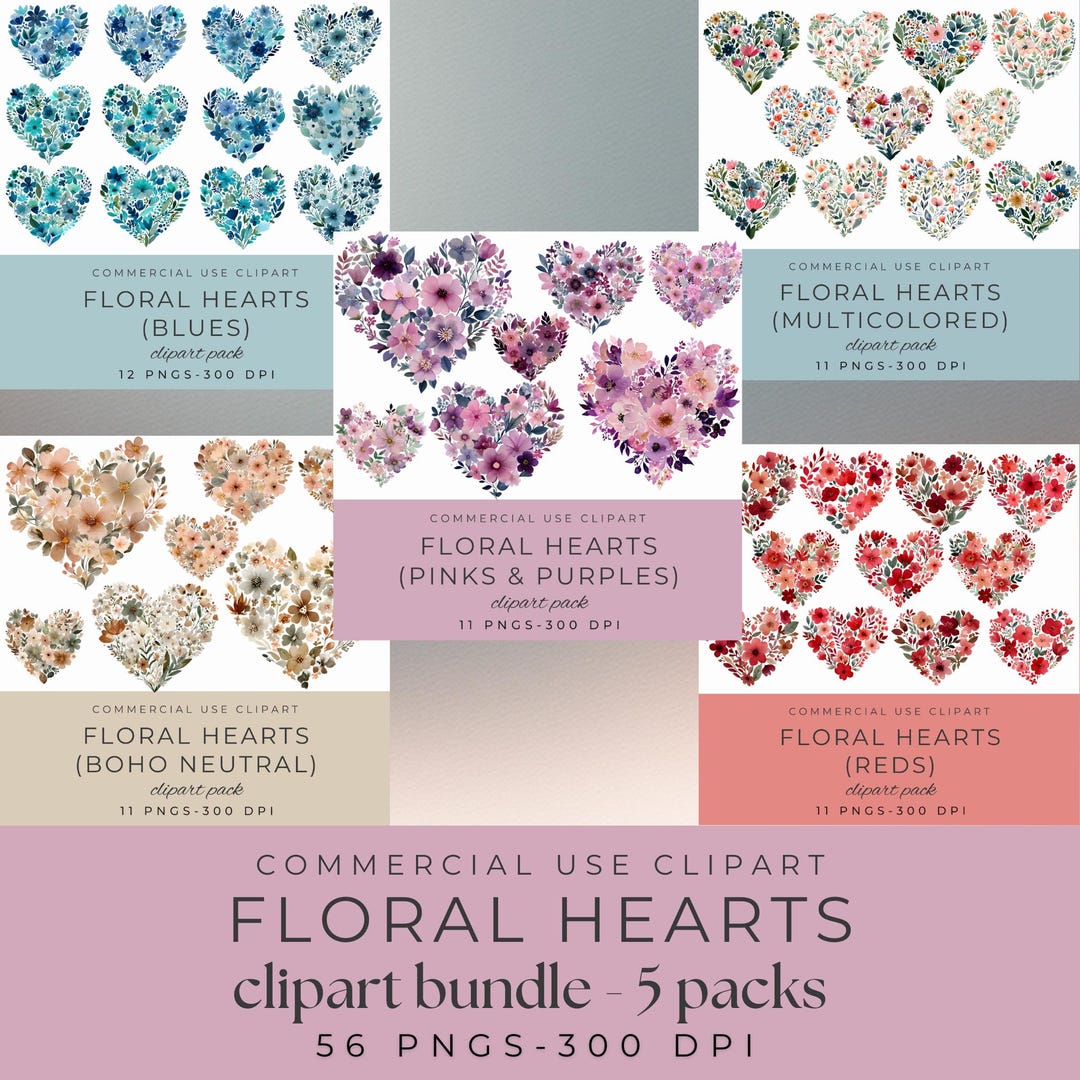 Floral Heart Clipart Bundle - Watercolor Flower Pngs for Wedding ...
