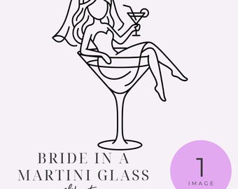 Bride in Martini Glass Clipart, Cute Cocktail Girl PNG for Wedding Celebration, Bachelorette Party Graphic, Bridal Line Drawing