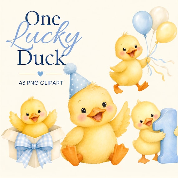 One Lucky Duck PNG Clipart | Yellow Duck First Birthday | Duck With Balloon Watercolor Birthday Clipart by ClipartCuriosity