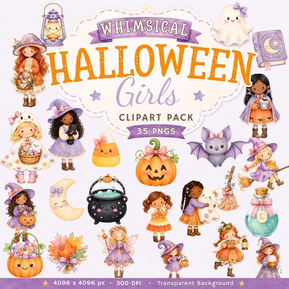 Whimsical Halloween Girls Clipart Bundle | 35 Watercolor PNGs | Cute Witch & Ghost Girl Art | Fall Clipart | Commercial Use by ClipartCuriosity