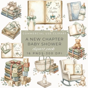 May include: Watercolor baby shower clipart pack featuring books, teddy bears, baby bottles, and blocks spelling "A New Chapter." The image includes a rocking chair, a basket, and a variety of floral accents. The text "A New Chapter Baby Shower" is visible.