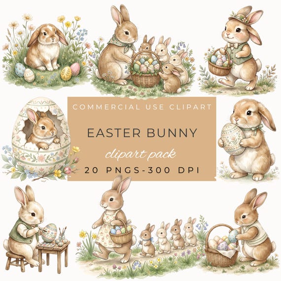 Easter Bunny Clipart Set, 20 PNG Spring Watercolor Graphics, Cute Digital Download for Crafts & Decor by ClipartCuriosity